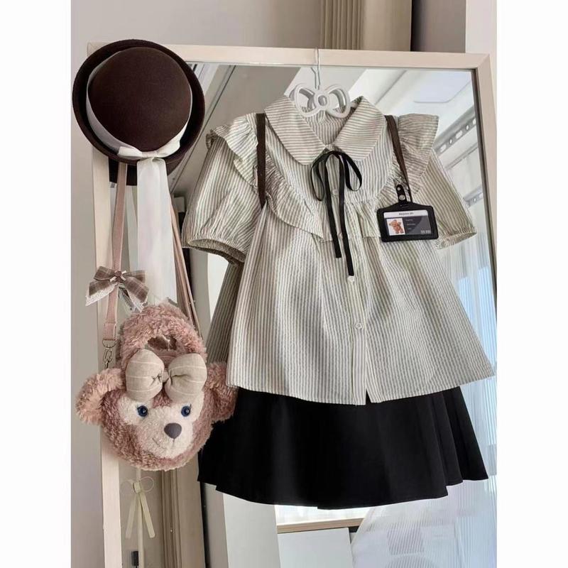 Product Introduction of Áo Sơ Mi Sọc ngắn Tay Thiết Kế Mùa Hè Hai Mảnh Phong Cách Preppy Hàn Quốc + Chân Váy Chữ A Dễ Phối Đồ Nữ Top 1