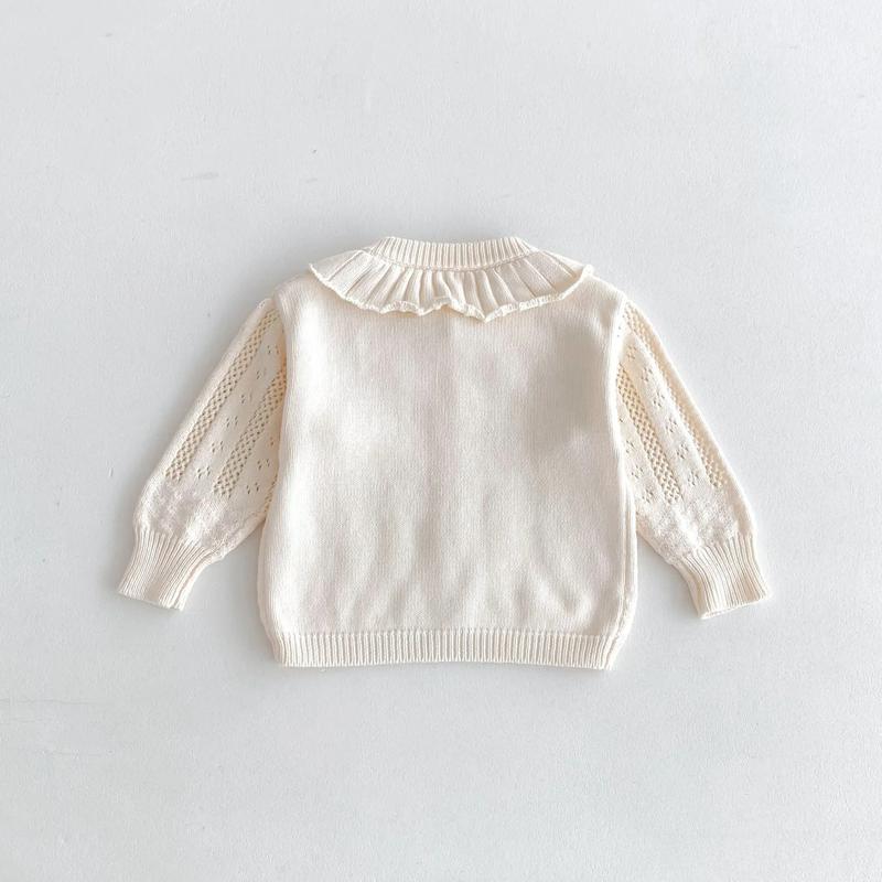 Product Introduction of Korean Baby Girl Autumn Hollow Out Sweater Cardigan Kids Fashion Cotton Ruffle Collar Knitted Jacket Spring Solid Outerwear Coat 21