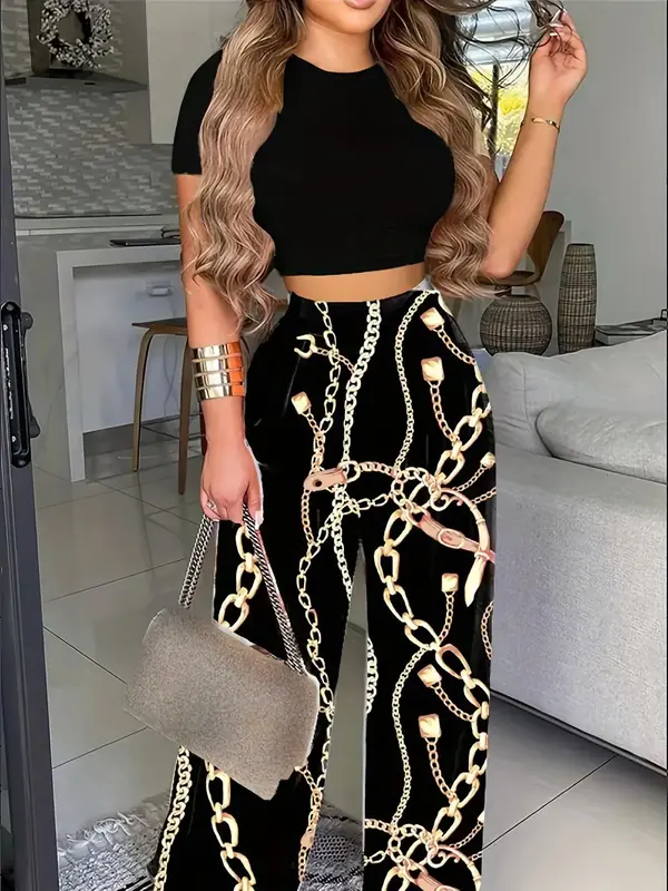 Women's Solid Short Sleeve Crop Tee & Floral Print Wide Leg Pants Set, Lady Comfort Mock Neck T-shirt & Baggy Trousers, Ladies Summer Clothes, Two Piece Set, Back To School Outfits, Co-ords Set, Two Piece Set Women 6