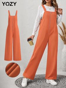 YOZY Women's Solid Zipper Front Wide Leg Overall Jumpsuit, Casual Pocket Ribbed Overall Jumpsuit for Spring & Fall, Women's Jumpsuit for Daily Wear