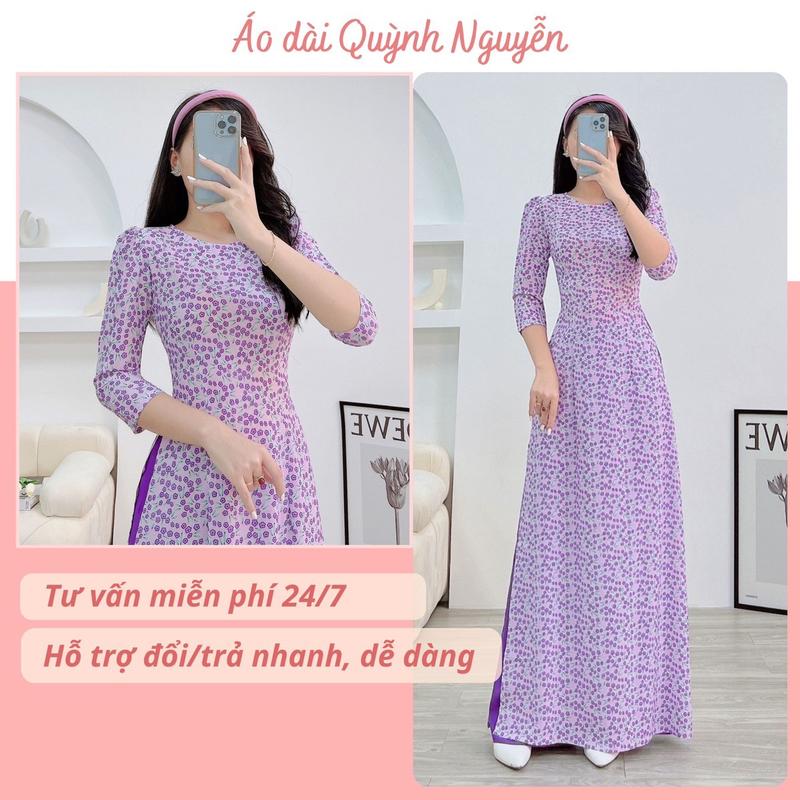 Áo dài hoa nhí, áo dài nữ tay bồng màu tím lụa nhật in 6d hoa tiết trẻ trung hot trend 2026 mặc lễ tết cưới hỏi - MÃ N16 Nữ Women Dress Nhung Sen Kem Voan