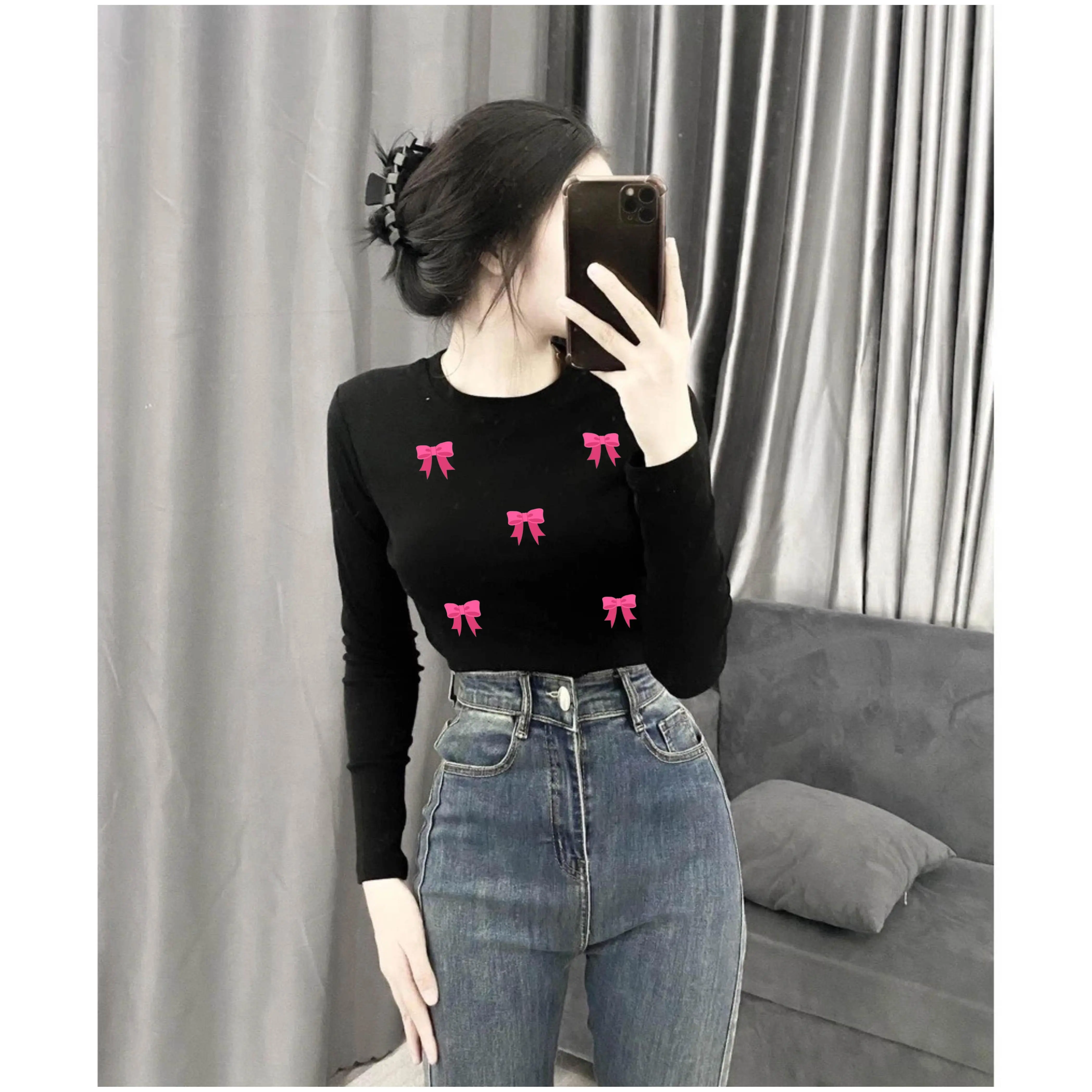 Áo Thun Kiểu Dáng Ôm Body In Hình Nơ Dê Thương NO.0077 Nữ Top