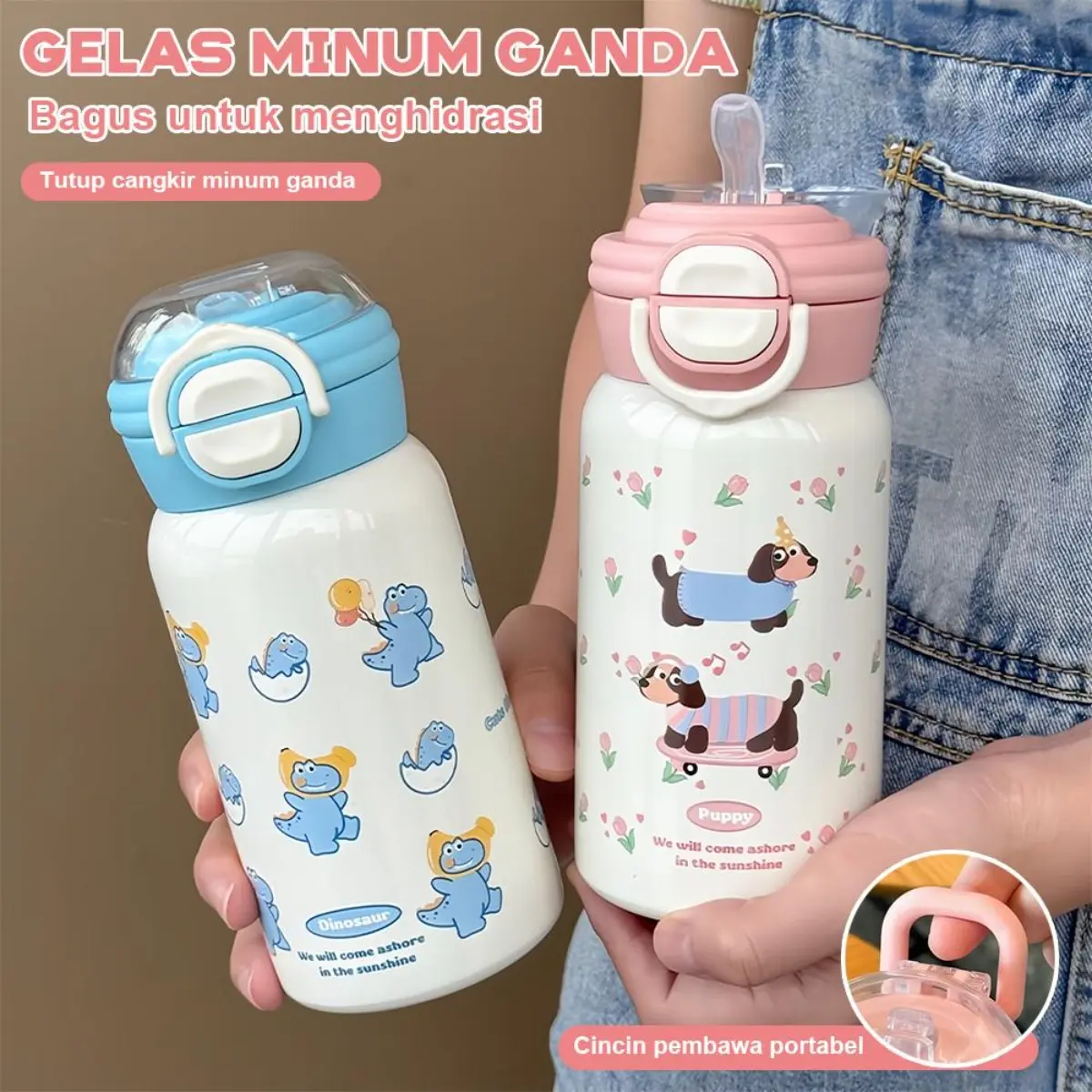 Botol minum sedotan pop-out bergambar kartun 500ml, desain dua cangkir yang kreatif, dirancang khusus untuk anak-anak dan remaja putri, tersedia dalam warna merah, merah muda, dan biru muda, dengan desain anti bocor yang praktis.