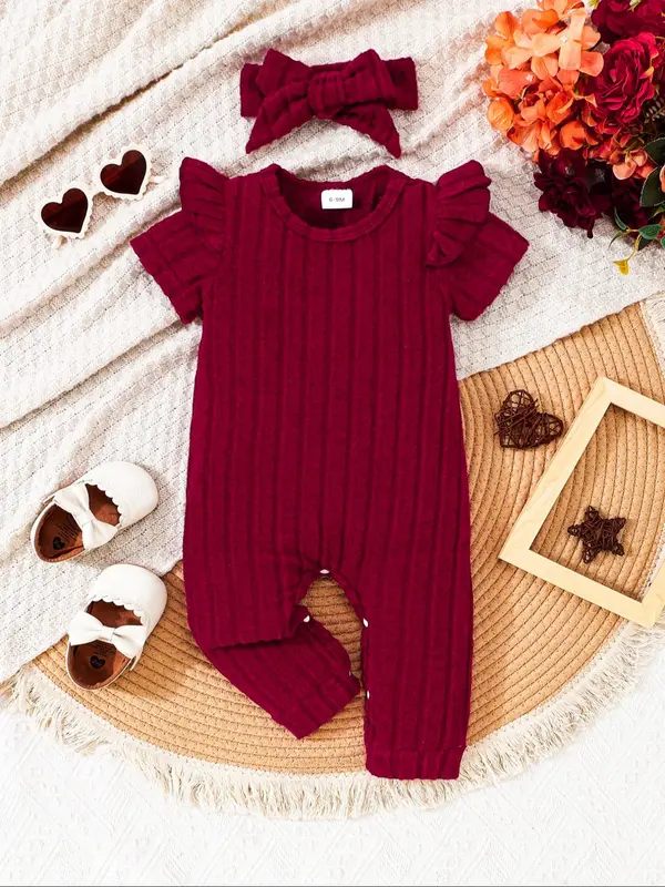 Baby's Solid Ruffle Trim Short Sleeve Jumpsuit & Headbands Set, Cute Casual for Infant Toddler Kids Fall & Winter, Newborn Baby Girls Clothes 0