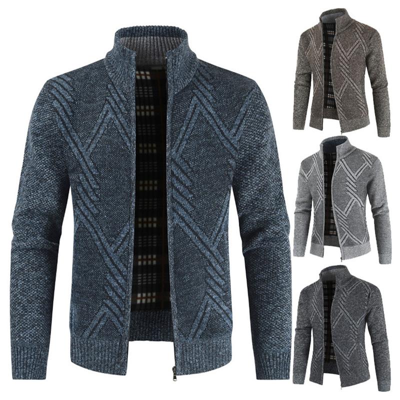 Áo Len Lót Lông Cừu Cho Nam, Áo Khoác Cổ Đứng Dài Tay, Họa Tiết Hình Học, Dây Kéo, Placket, Áo Khoác Ngoài Dệt Kim, Mùa Thu Đông