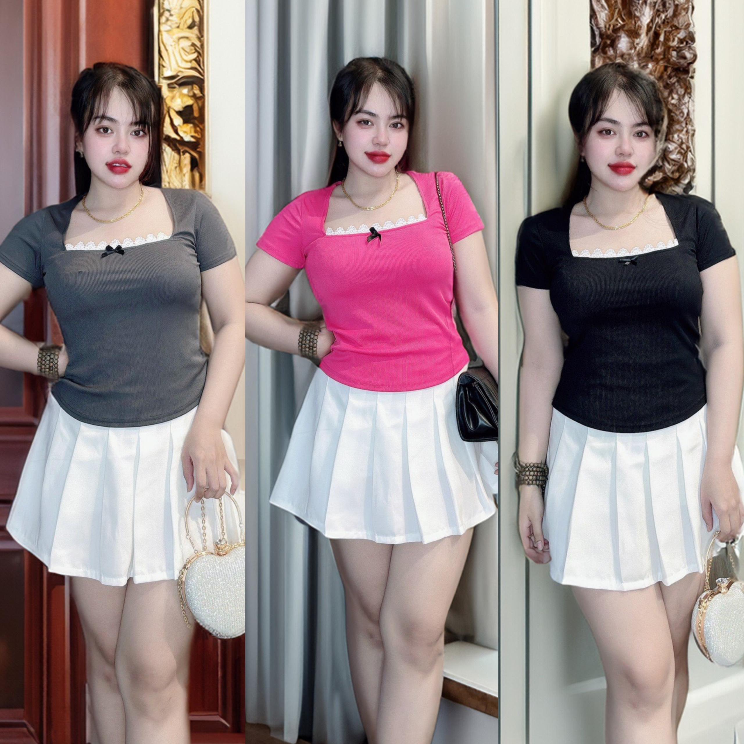 [Xả Kho] Áo Thun Cổ Vuông Phối Ren Tay Ngắn Vải Thun Gân Tăm 45- 90Kg Có Bigsize Dễ Thương Top Nữ Women Đen - B.1346