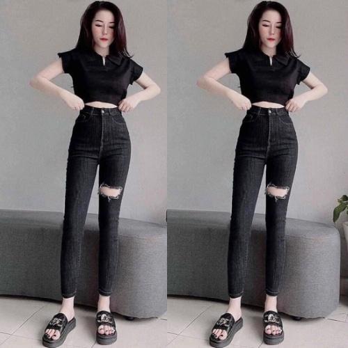 Quần jean nữ lưng cao vừa dáng ôm rách gối cá tính chất co giãn dễ mặc - Women, Pants Denim Khuy
