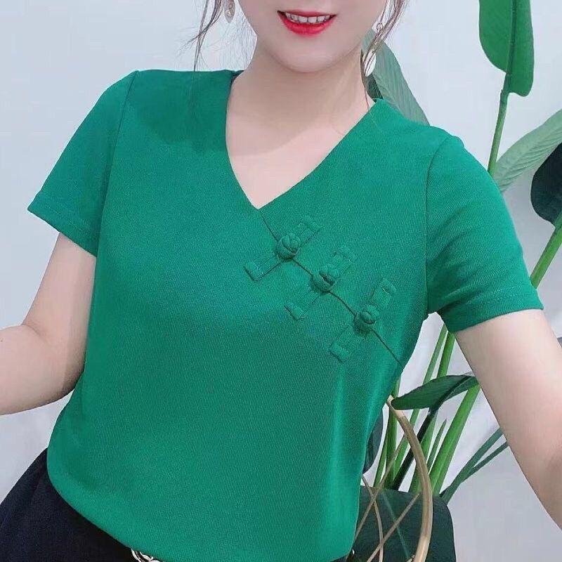 Product Introduction of Áo Thun ngắn Tay Dành Cho Nữ, Dáng Rộng Vừa Vặn, Phong Cách Trung Quốc Cổ Điển, Tay Lửng Cổ Chữ V Có Cúc, Áo Ngoại Cỡ Mùa Hè 2025 Hàng Mới Về 8
