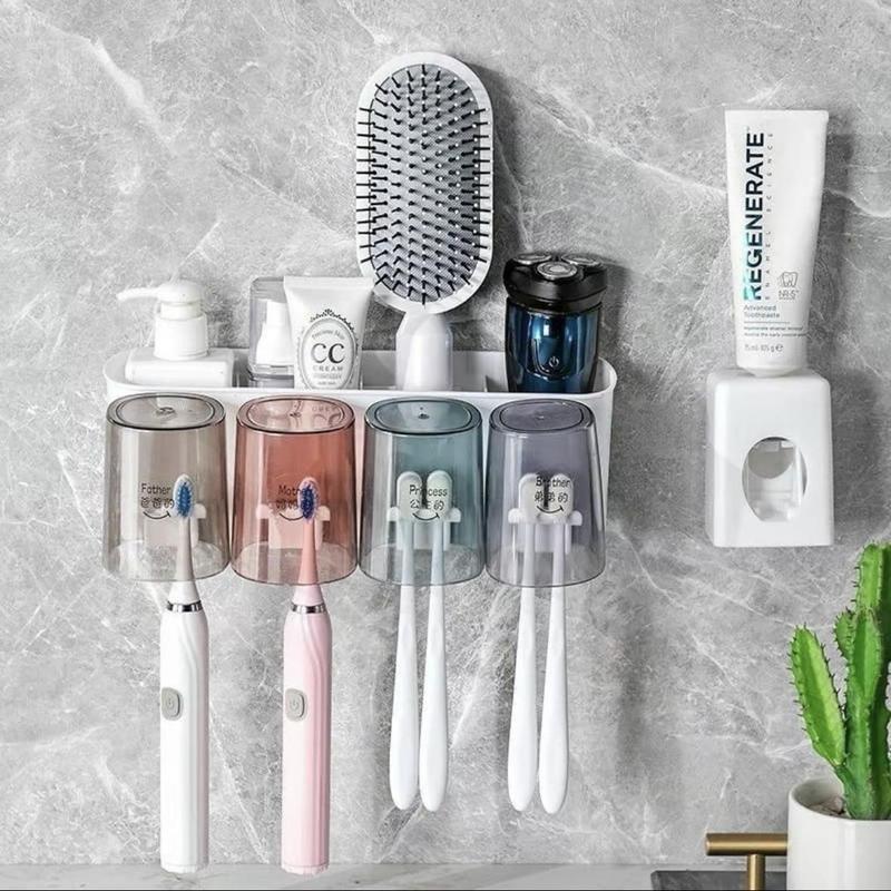 ￼Kệ Để Bàn Chải Nhả Kem Đánh Răng Tự Động Thông Minh Giá Treo 4 Cốc Để Đồ Dán Tường Dùng Cho Nhà Tắm Đựng Bàn Chải