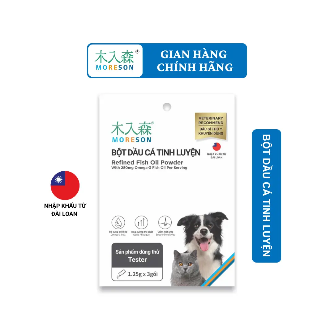 (3 gói trải nghiệm) MORESON Bột Dầu Cá Tinh Luyện cho Chó & Mèo | Omega-3 EPA+DHA công nghệ bọc phân tử với màn bọc kép độc quyền.