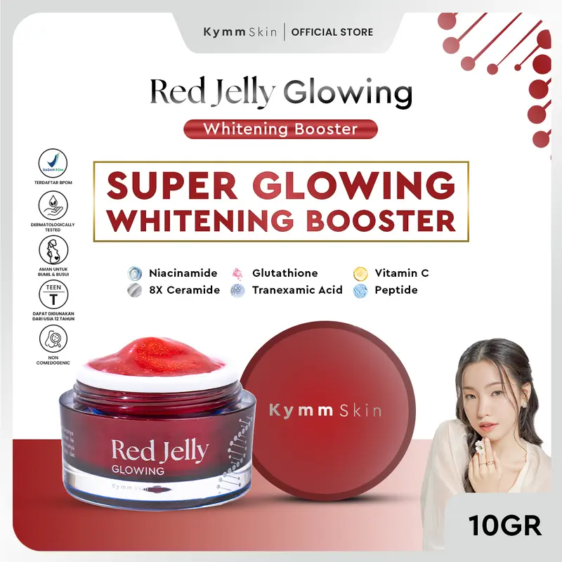 [Free Pump Day Cream 10gr] KYMM SKIN Red Jelly Glowing Whitening Booster | Perawatan Booster Lebih Cepat Pelembab Mencerahkan Pencerah Kulit Kusam, Flek, Tanda Penuaan Wajah Noda Hitam Anti Aging | Tranexamic, Vit C, Glutathione, Niacinamide 3