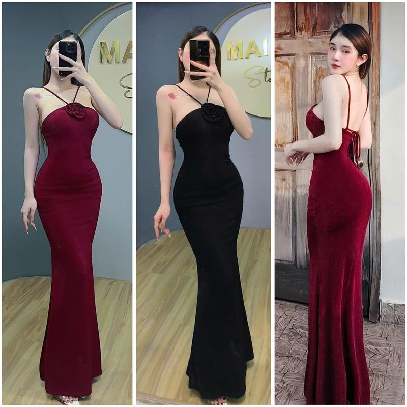 Đầm yếm phom dài có mút đính hoa chất thun lazzon mịn co giãn thích hợp mặc đi tiệc đi làm đi chơi 1
