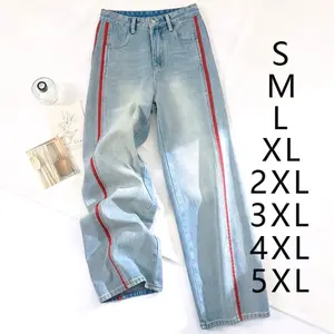 Boyfriend.Jeans Celana Jeans Wanita Panjang Jumbo Wide Leg High Waist dengan Strip Merah - Gaya Modis Nyaman Biru Muda Kaki Baggy Melar