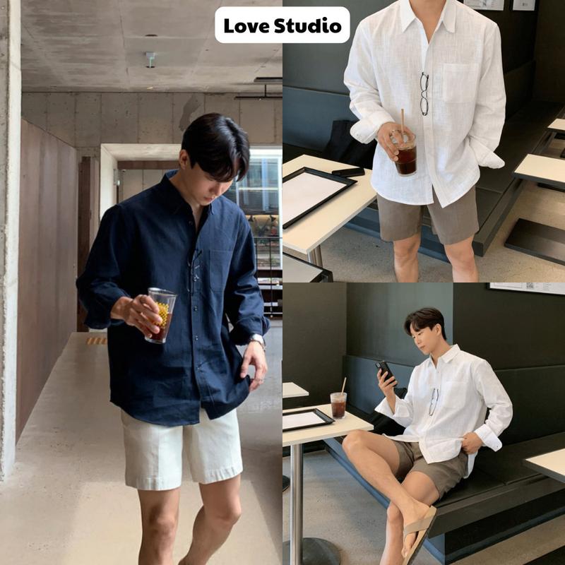 Áo sơ mi nam xanh navy cổ đức bẻ dài tay vải LINEN cao cấp đũi hàn quốc oxford trụ tàu trắng Premium Love Studio [SM4] Menswear Jean Shirt Thun Có Cổ