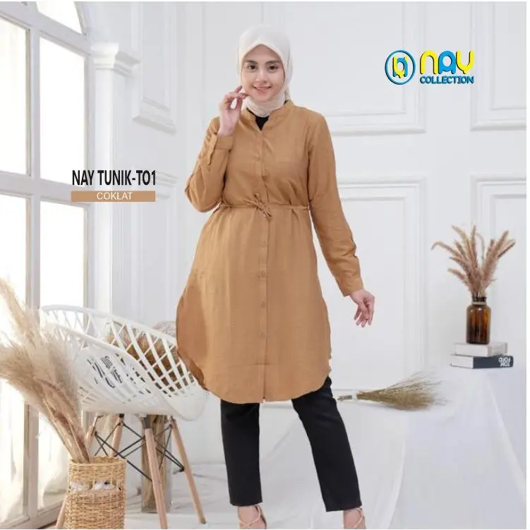 NAY TUNIK-T01 Baju Atasan Wanita Muslimah Tunik Polos Polo Linen Kancing Panjang Katun Rayon Oversize Simple Basic 6