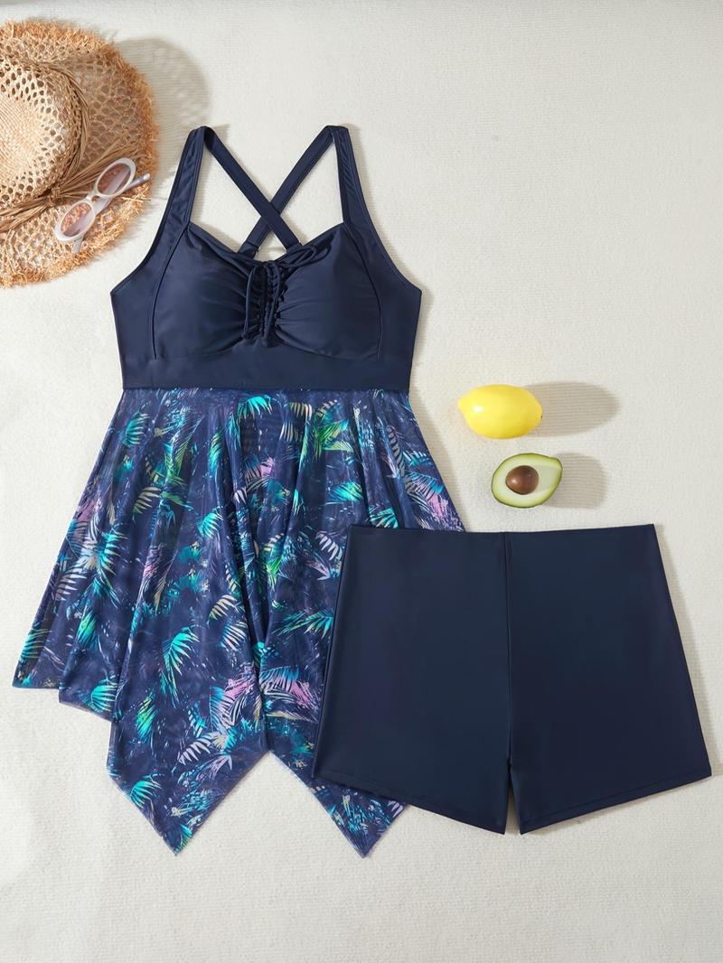 Product Introduction of Plus Size Criss Cross Drawstring Ruched Tankini Set, Boho Style Sleeveless Tank Top & Skinny Shorts, Women's Two-piece Swimsuit for Summer Beach Holiday Vacation 3