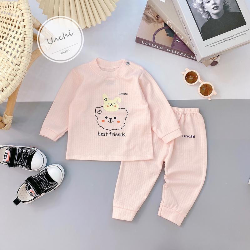 Bộ Quần áo dài tay Unchi chất nỉ xốp  mềm họa tiết gấu thỏ cho bé 4 đến 15kg