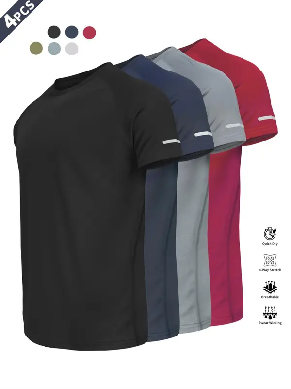 Men's Plain Reflective Design Sports Tee, Breathable Fit Quick Drying Short Sleeve T-shirt, Activewear, Men's Sportswear for Gym Workout Running, Clothing 5