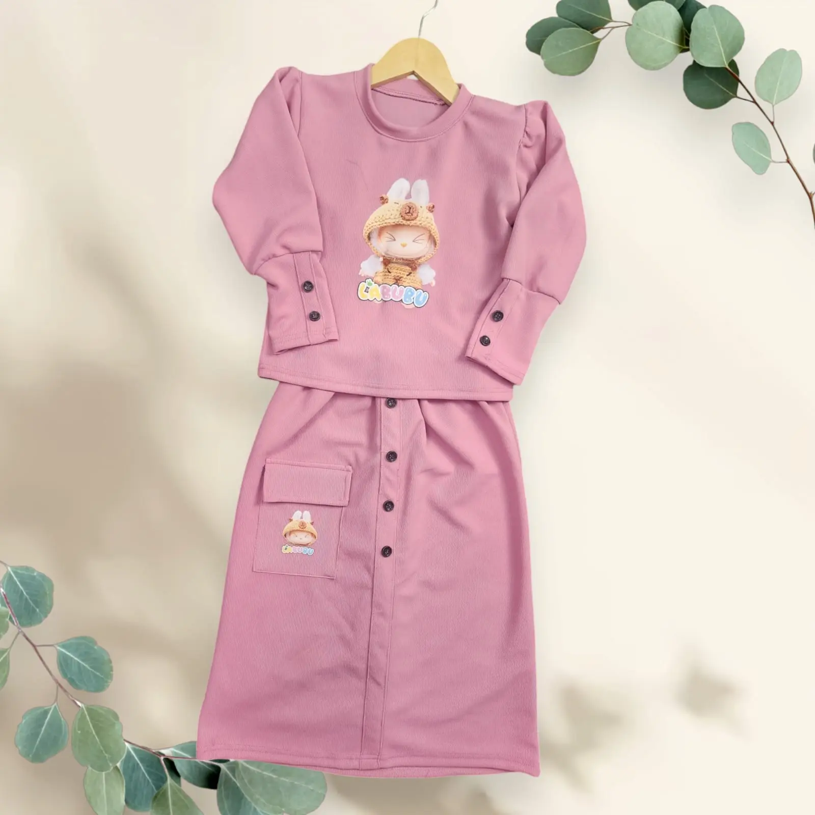 COD Setelan Rok Anak Perempuan Umur 2-6 tahun Set rok Anak cewek gambar Labubu Motif Terbaru stelan anak perempuan Pink