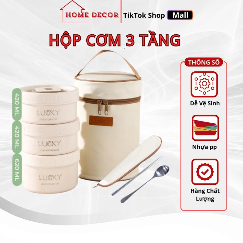 Hộp Đựng Cơm Giữ Nhiệt Văn Phòng Lúa Mạch Lunch Box 3 Tầng Inox 304 Chống Gỉ Cao Cấp, Sang Trọng, Bảo Hành 12 Tháng