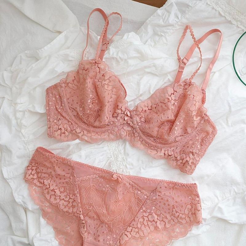 Bộ đồ lót Nữ cao cấp, Áo lót không mút hai lớp ren mỏng nhẹ cho Vòng 1 lớn, có Gọng dẻo, Quần ren Thun quyến rũ sexy Hồng Top BL20109 Áo Thun áo màu trắng kem áo ngực