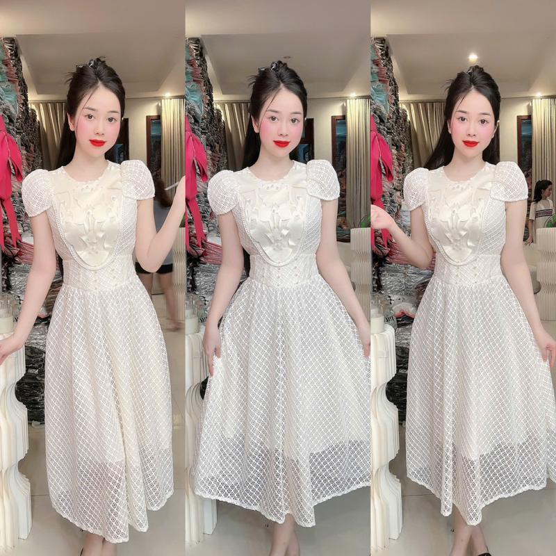 (T64) Đầm ren thiết kế form xoè bồng tay cách điệu che bắp tay đính kết sang trọng váy đi dự đám cưới đầm đi tiệc đi làm đi chơi by Thương Lê T64