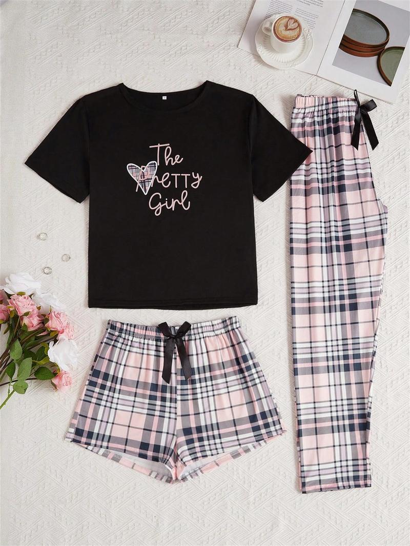 Product Introduction of Three-Piece Set Women's Plaid Print Pyjama Set, Casual Comfy Short Sleeve T-shirt & Elastic Waist Shorts & Bow Front Pants PJ Set, Ladies Sleepwear for All Seasons 1
