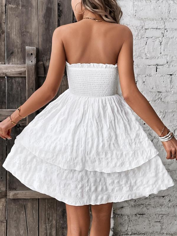 Women's Textured Frill Shirred A Line Dress, Boho Sleeveless Strapless Knee Length Dress for Beach Holiday Vacation, Ladies Summer Clothes, Summer Outfits 2024 4