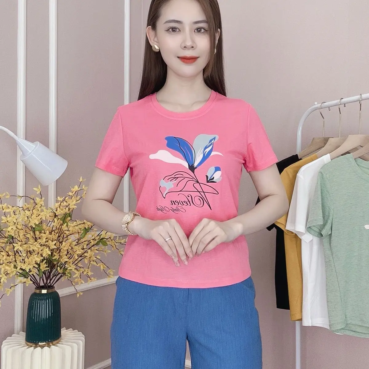 Bộ quần jin lụa áo cottong lụa Nữ Women Voi Tim Kem Top Jacket
