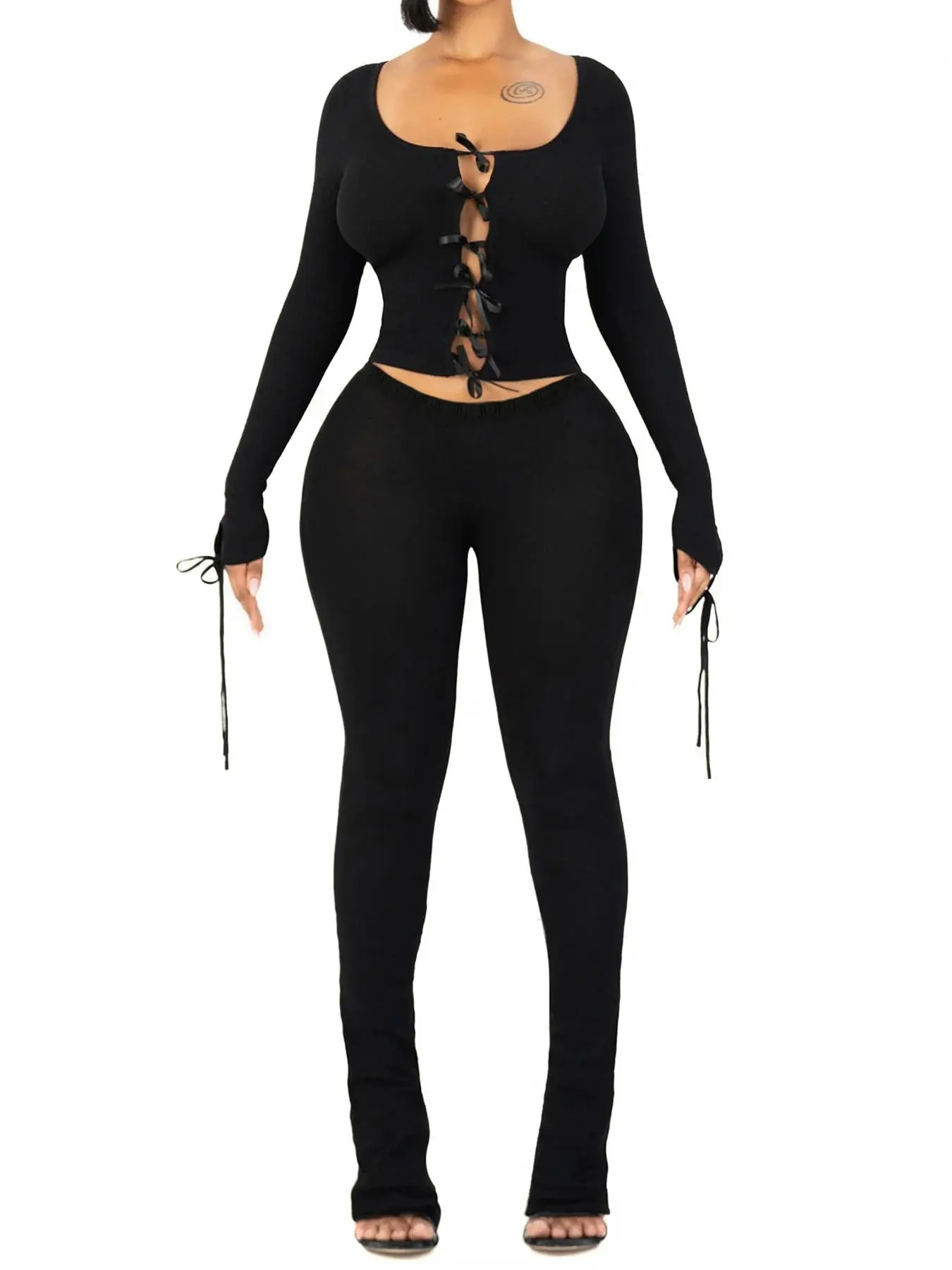 Christmas Deals Women's Solid Tie Front Hollow Out Top & Pants Two-piece Set, Long Sleeve Top & Skinny Pants for Daily Wear, Ladies Spring & Fall Clothes, Christmas 2024 Trend, Fall&Winter Outfits Valentine's Day, gift