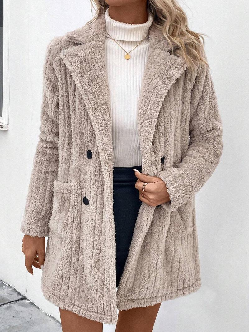 Product Introduction of Women's Solid Color Double Button Pocket Fuzzy Coat, Casual Long Sleeve Lapel Neck Outerwear for Fall & Winter, Women's Clothing for Daily Wear 3