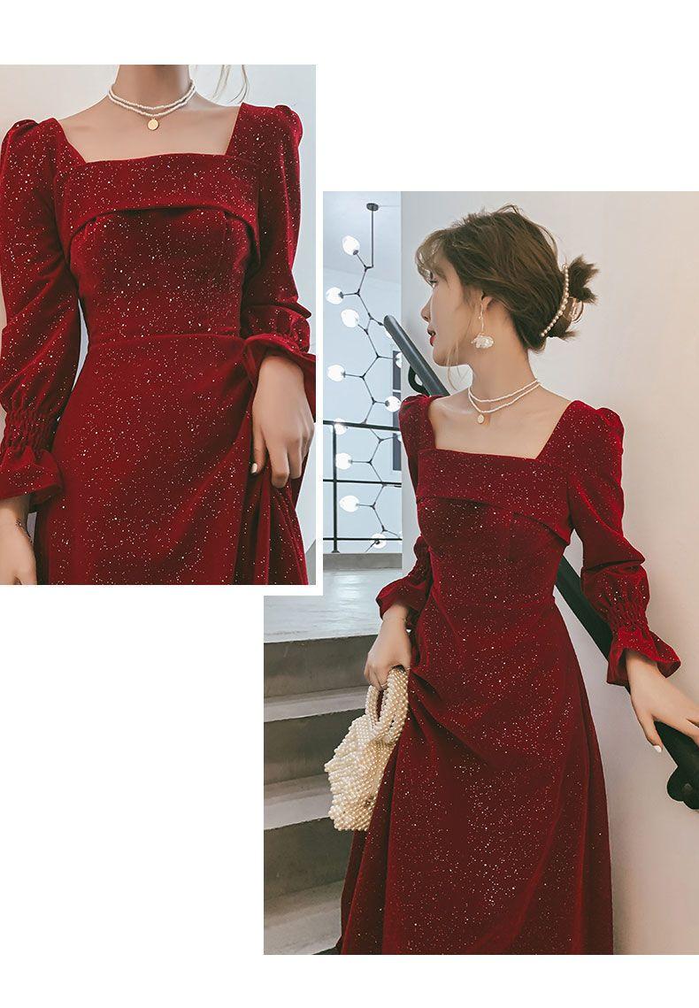 Product Introduction of Váy Ăn Tối, Hàng Mới Về, Dài Và Thanh Lịch, Quyến Rũ, Cổ Vuông, Màu Đỏ Rượu Vang Vang, Eo Bó Sát, Thích Hợp Mặc Hàng Ngày 4