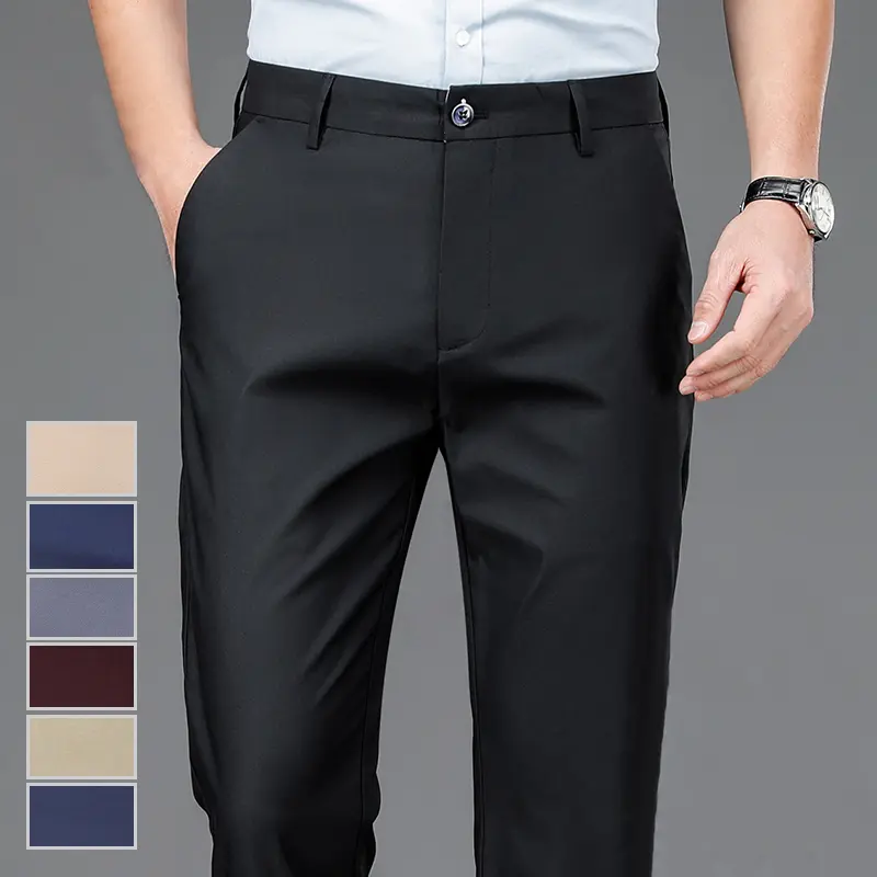 Male Pants Stretch Solid Black Smart Casual Men's Trousers Office Quick Dry Suit Pants New Spring Autumn Korean Straight Pants Human Pocket Plain Beige