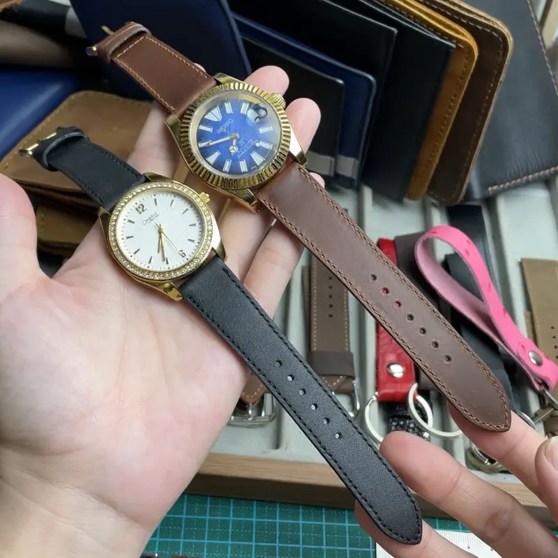 (Có sơn viền)Dây Da Bò Vintage hai lớp chỉ may sơn cạnh đầy đủ phụ kiện(nhiều size) 0