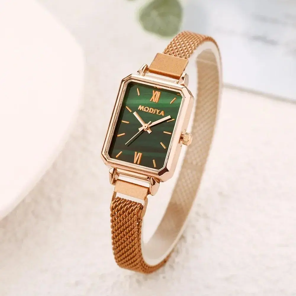 New Women Watches Fashion Square Ladies Quartz Watch Magnetic Strap Green Dial Simple Rose Gold Mesh Luxury Women Watches