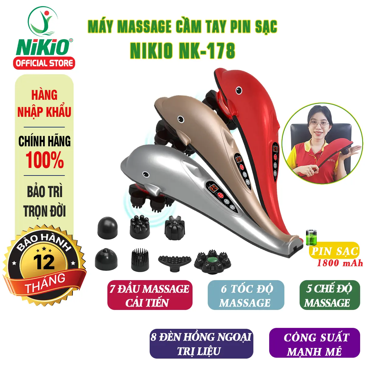 NK-178_Máy Massage Cá Heo Cầm Tay Nikio - Pin Sạc, 6 Tốc Độ, 5 Chế Độ, 7 Đầu Massage Thay Đổi