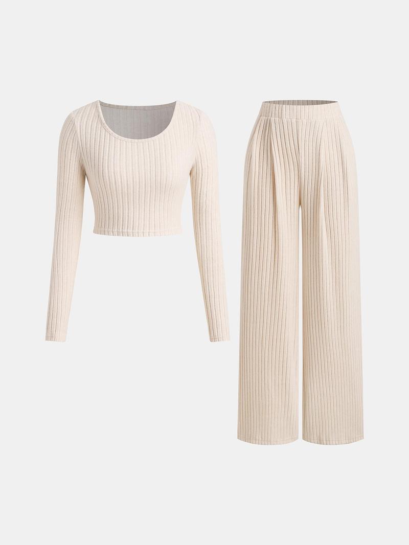 Product Introduction of YOZY Women's Solid Ribbed Crop Tee & Wide Leg Pants Two-piece Set, Casual Long Sleeve Round Neck Top & Trousers 2 Piece Set for Daily Wear, Ladies Two-piece Outfits for All Seasons 3