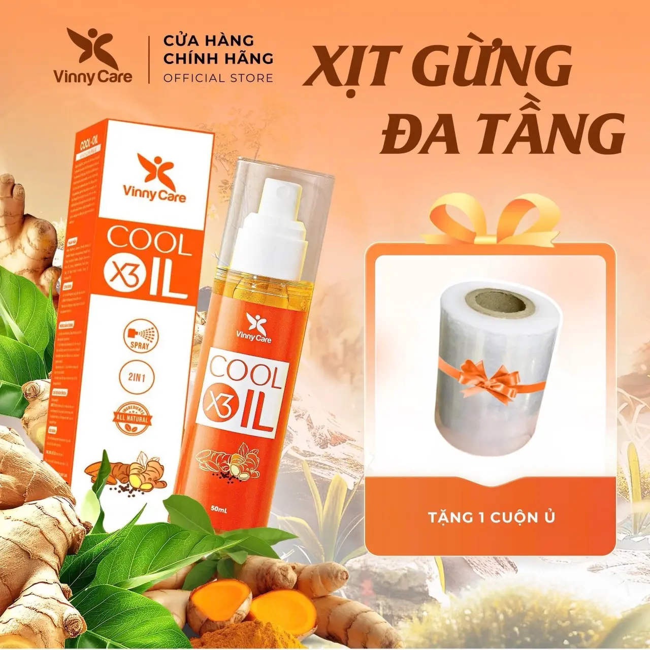 [ MUA 1 TẶNG 1 CUỘN Ủ ] Xịt Gừng Đa Tầng COOL-OIL X3 - Chiết Xuất Gừng, Nghệ, Tiêu, Bạc Hà Vinny Care - Chai 50ml  Nữ  Dưỡng Body