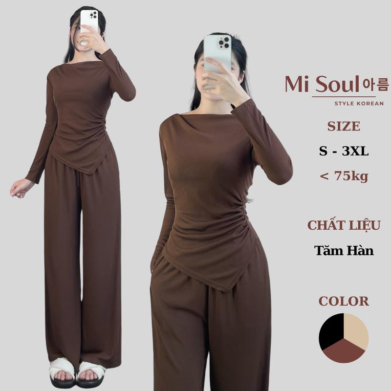  Set Bộ Nhún Eo Cổ Thuyền Dài Tay Kèm Quần Suông Dài BigSize MiSoul Set Bộ Cổ Thuyền Dài Tay Quần Cạp Chun 315 