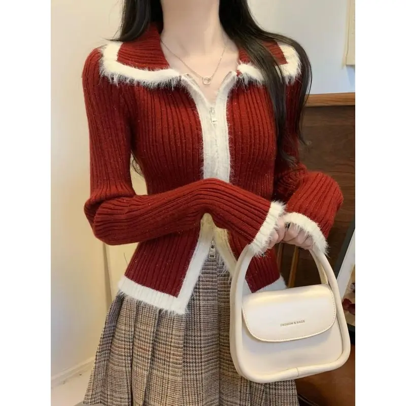 Áo Cardigan Dệt Kim Nhồi Bông Giáng Sinh, Màu Đỏ, Dành Cho Nữ, Thích Hợp Cho Mùa Thu Và Mùa Đông, Có Thể Mặc Bên Trong, Khóa Kéo Đôi, Áo Len, Áo Sơ Mi Lớp Cơ Bản Top Women 0