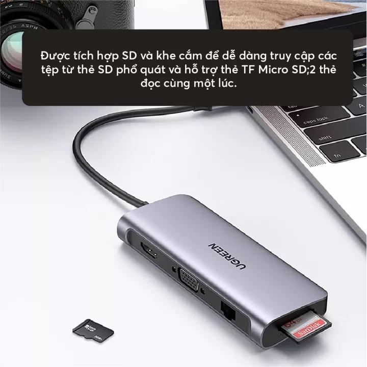 Hub chuyển đổi Type-C - Bộ chuyển đổi Ugreen 10 in 1 | Cổng Audio AUX3.5mm | Ethernet 1000Mbps, tốc độ Internet cực cao | Bảo Hành 18 Tháng | 80133 15601 8