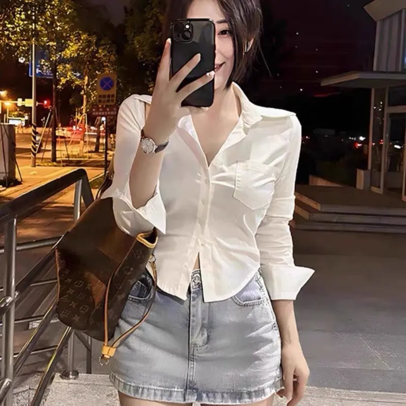 Áo Sơ Mi Dài Tay Bó Sát Eo, Phong Cách Preppy Nữ, Phong Cách Dễ Thương Và Gợi Cảm, Dễ Phối Đồ, Áo Sơ Mi Trắng, Áo Ôm Sát Bên Trong, Áo Trơn Hàng Mới Về, Bán Chạy Women Top Shirt 2