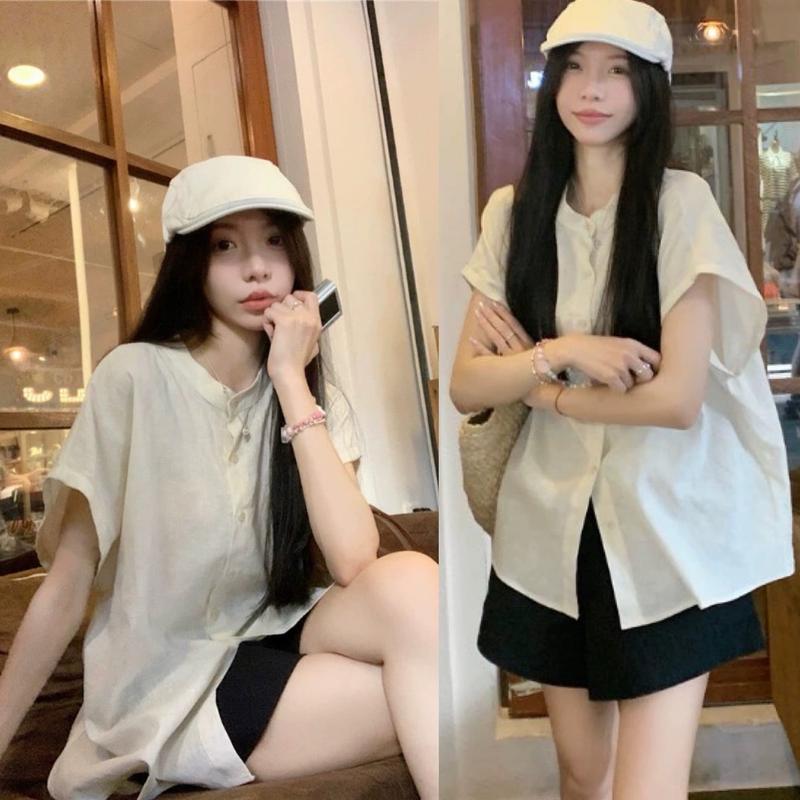 Set bộ áo sơ mi tay hến cổ trụ form rộng chất vải thô đũi - Có lẻ áo M153