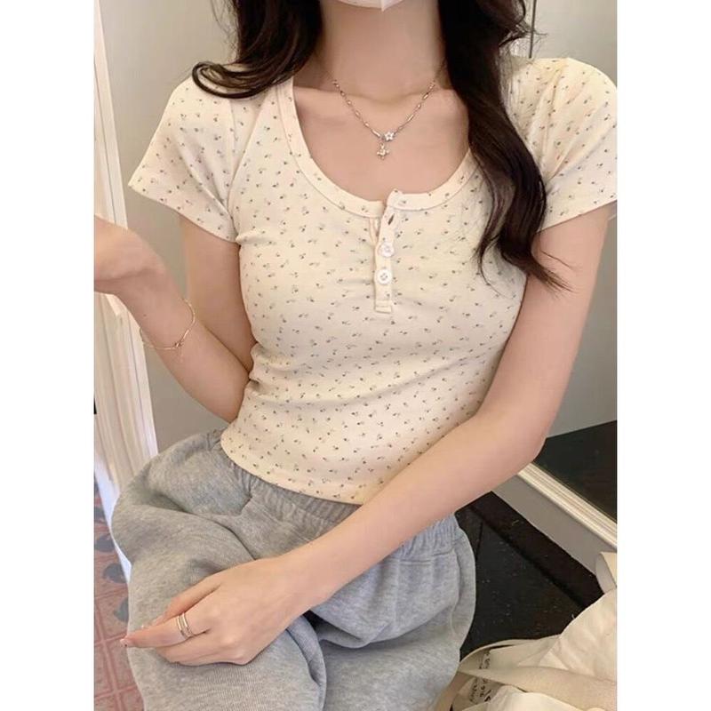 Áo thun gài nút chất tăm lạnh hoa nhí xinh baby tee Nữ Women 1