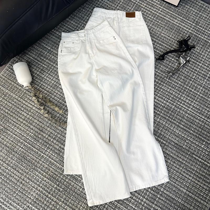 YURI JEANS - (Mã6205) Quần Jean Nữ Ống Suông Màu Trắng May Viền Túi Nổi Women Ong