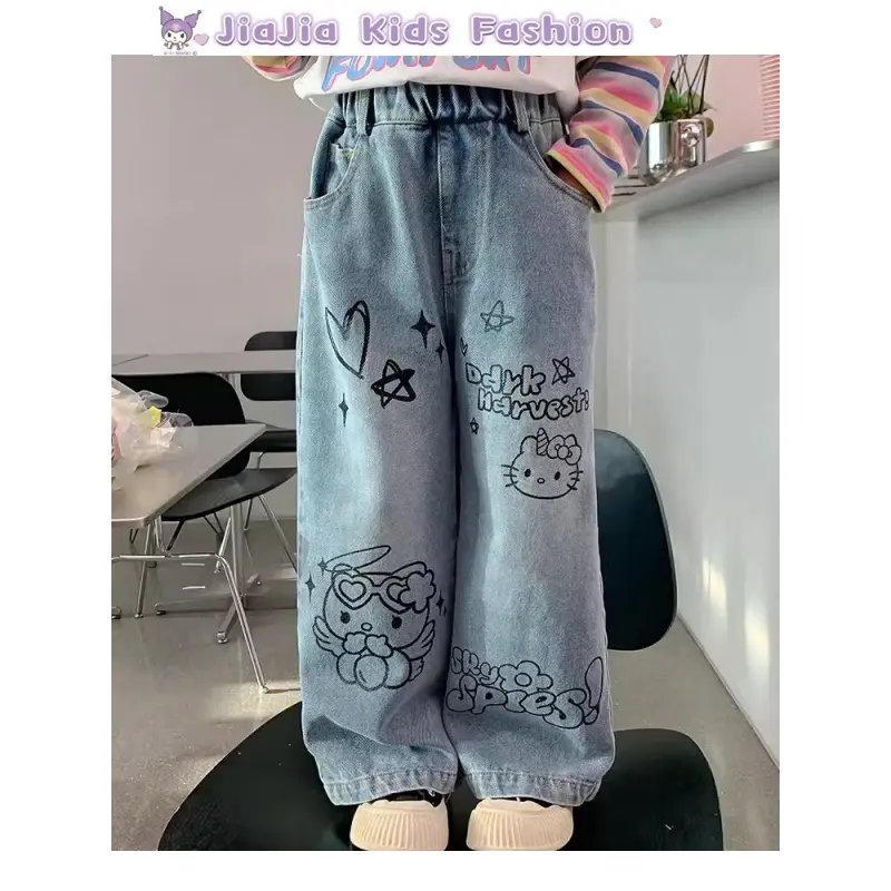 [12kg-33kg]1-9Y Girls' Hellokitty Wide Leg Jeans Spring/Autumn Straight Tube denim Pants blue  sweatpants  girl