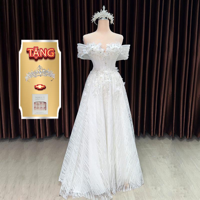 [Tặng vương miện - Bộ nail] váy cưới trắng kiểu dáng maxi BOHO mặc đi bàn, không mặc tùng, dáng suông chạm đất, chất liệu ren kim tuyến mịn nhẹ nhàng mã 176 Nữ Áo Cưới Women