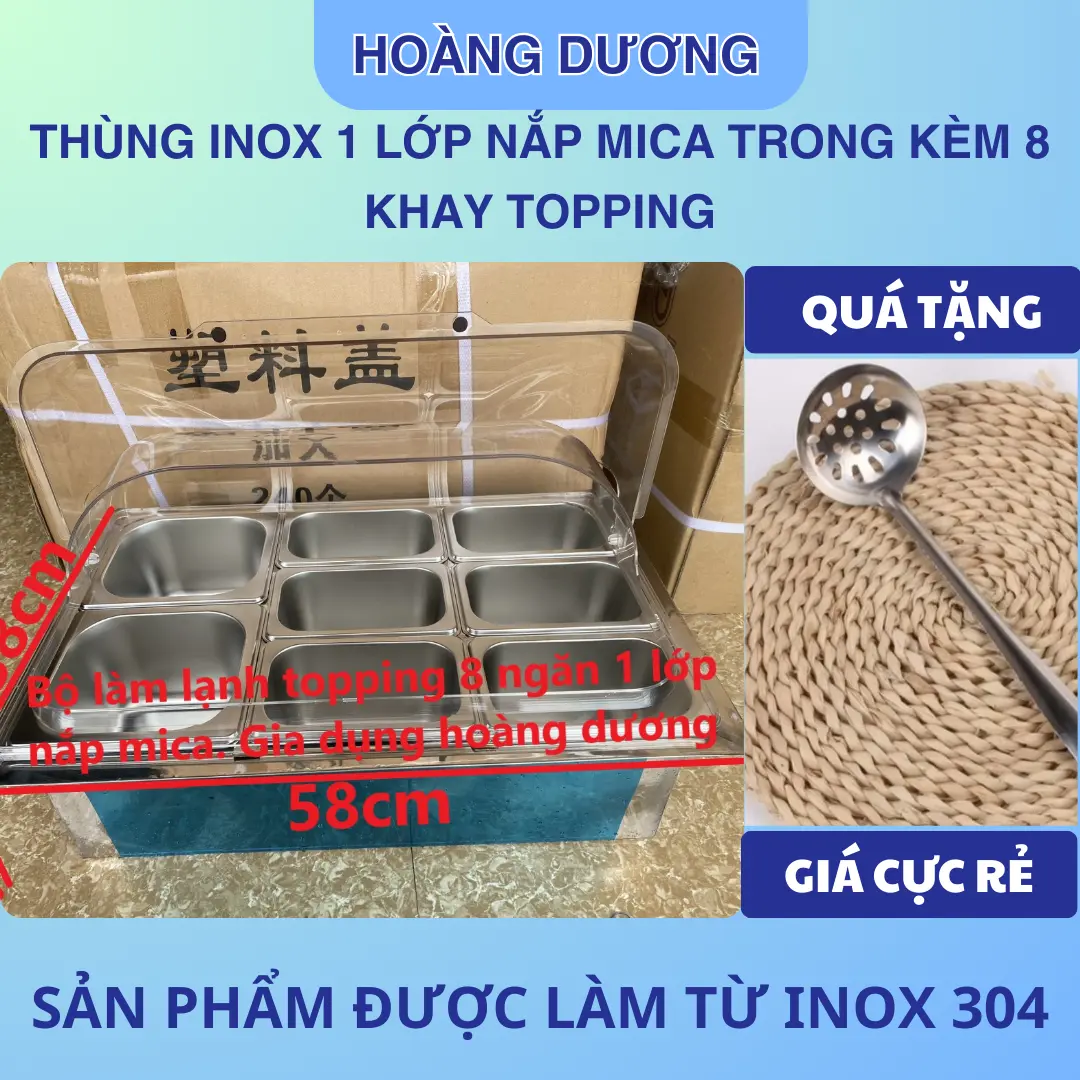 Bộ Thùng Inox Đựng Đá Làm Lạnh Topping loại 8 Khay Inox Có Nắp Mica Trong