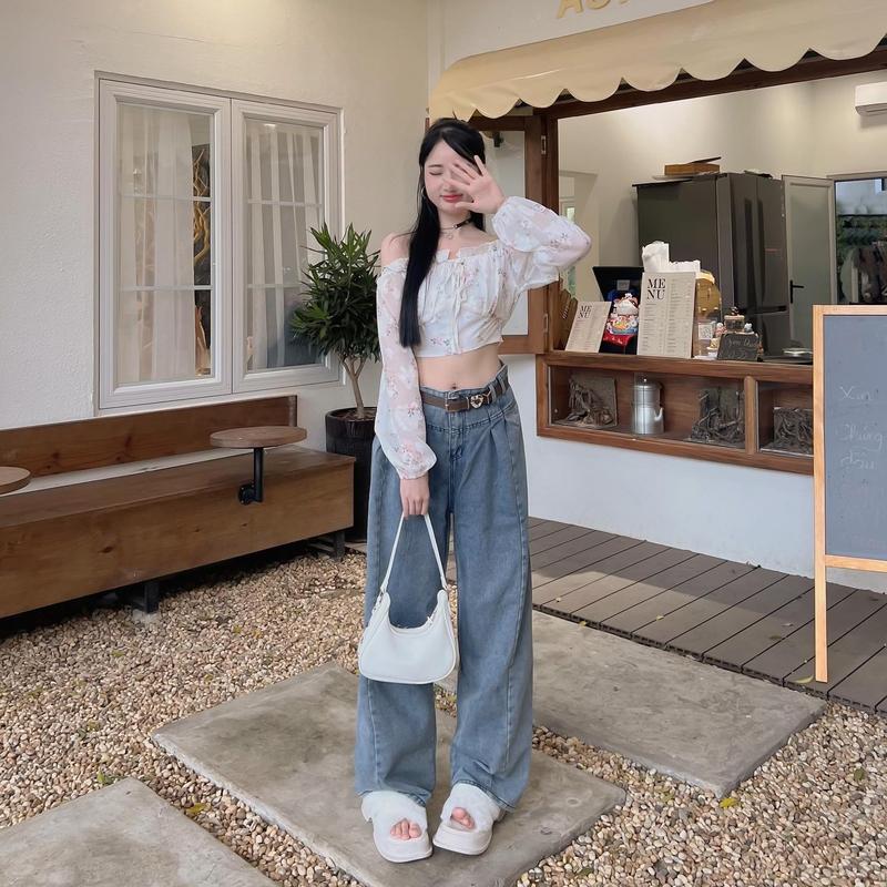 DICAO Quần Jean Xanh Nhúm, Quần Jean Xanh Ống Rộng, Quần Jean Xanh Nhún Eo 1