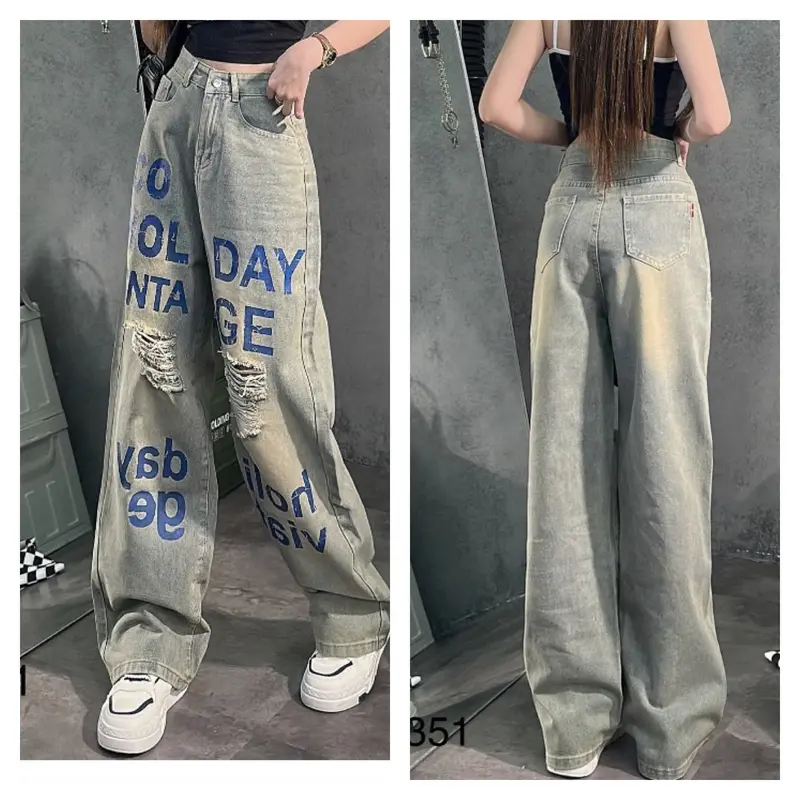 Quần Jeans Nữ Dáng Suông ,Quần Bò In Chữ Rách Kiểu Lưng Cạp Cao Chất Vải Dày Dặn Cao Cấp Chuẩn Đẹp Women Pants Kem 3